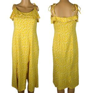 ASOS Yellow Cotton Daisy Floral Midi Dress Sleeveless Tied Straps Slits Summer 6